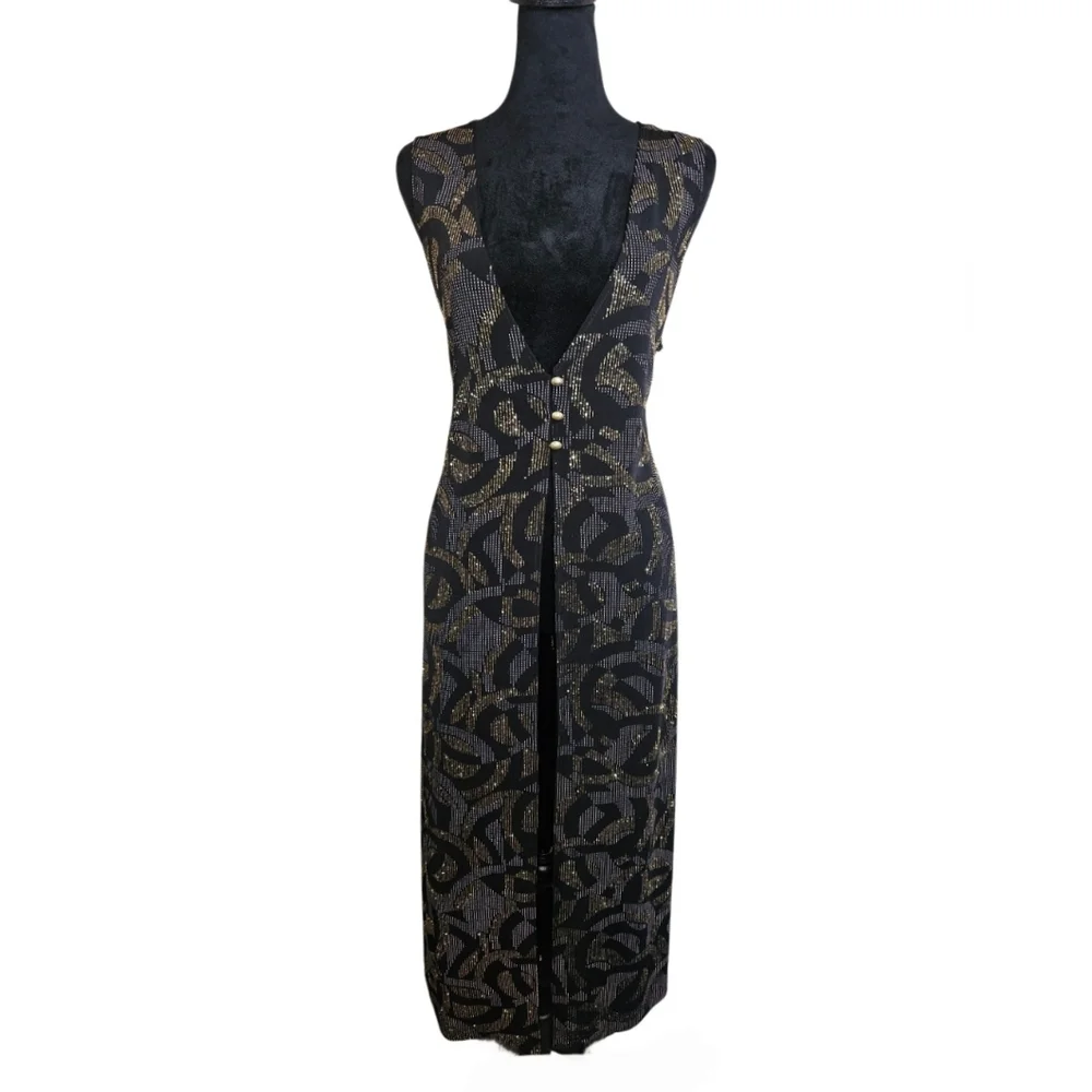 Vintage 90's Midnight Velvet Black & Gold Glitter Abstract Evening Duster Size L